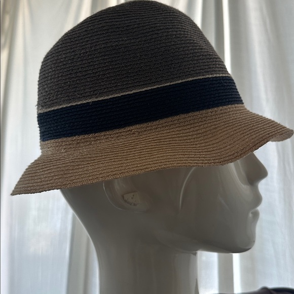 Vintage straw hat color block Hay color Navy Gray Inside adjust ribbon As Is - Picture 6 of 7